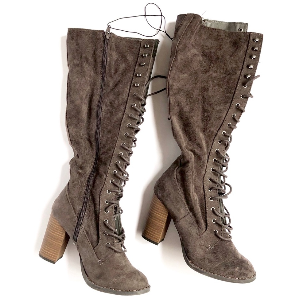 A NEW DAY | Brown Lace Up Boots Block Heel Knee
